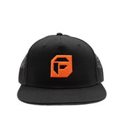 Black Fuel DEPARTURE Trucker Hat featuring a mesh back and adjustable snap closure.