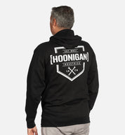 Hoonigan BRACKET X LOGO Zip Hoodie featuring a bold logo design on a black fabric background.