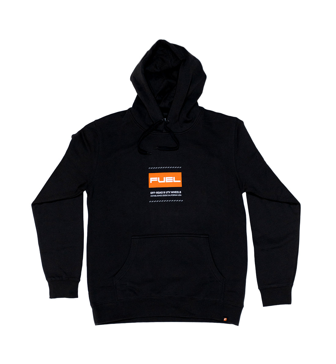 Black Fuel CUT Pullover Hoodie with a kangaroo pocket and drawstring hood against a plain background.