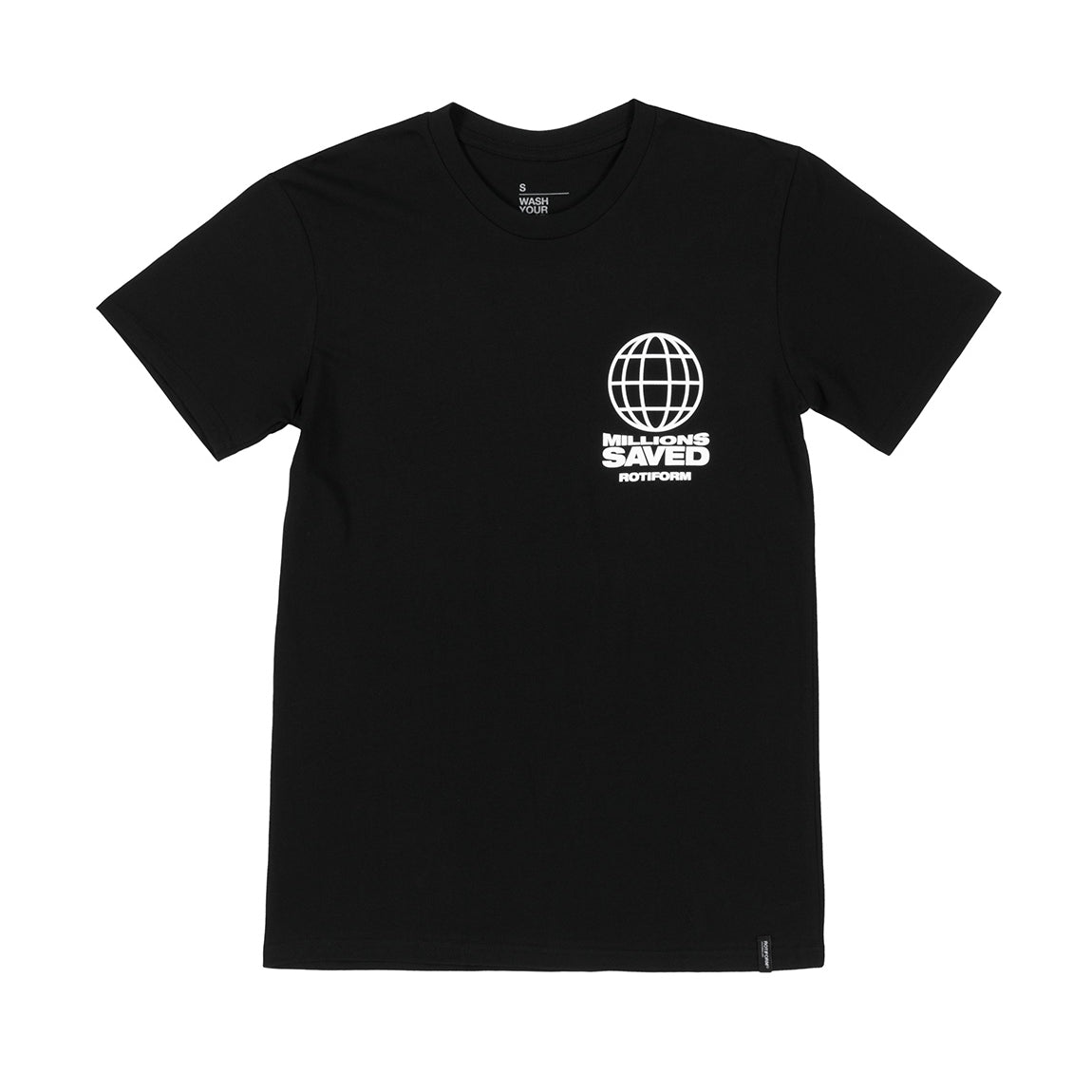Black Rotiform MILLIONS SAVED short sleeve tee featuring bold white graphic design on the front.