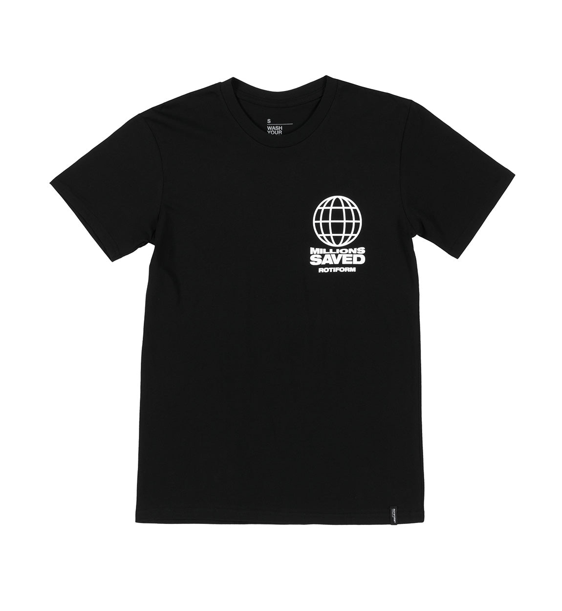 Black Rotiform MILLIONS SAVED short sleeve tee featuring bold white graphic design on the front.