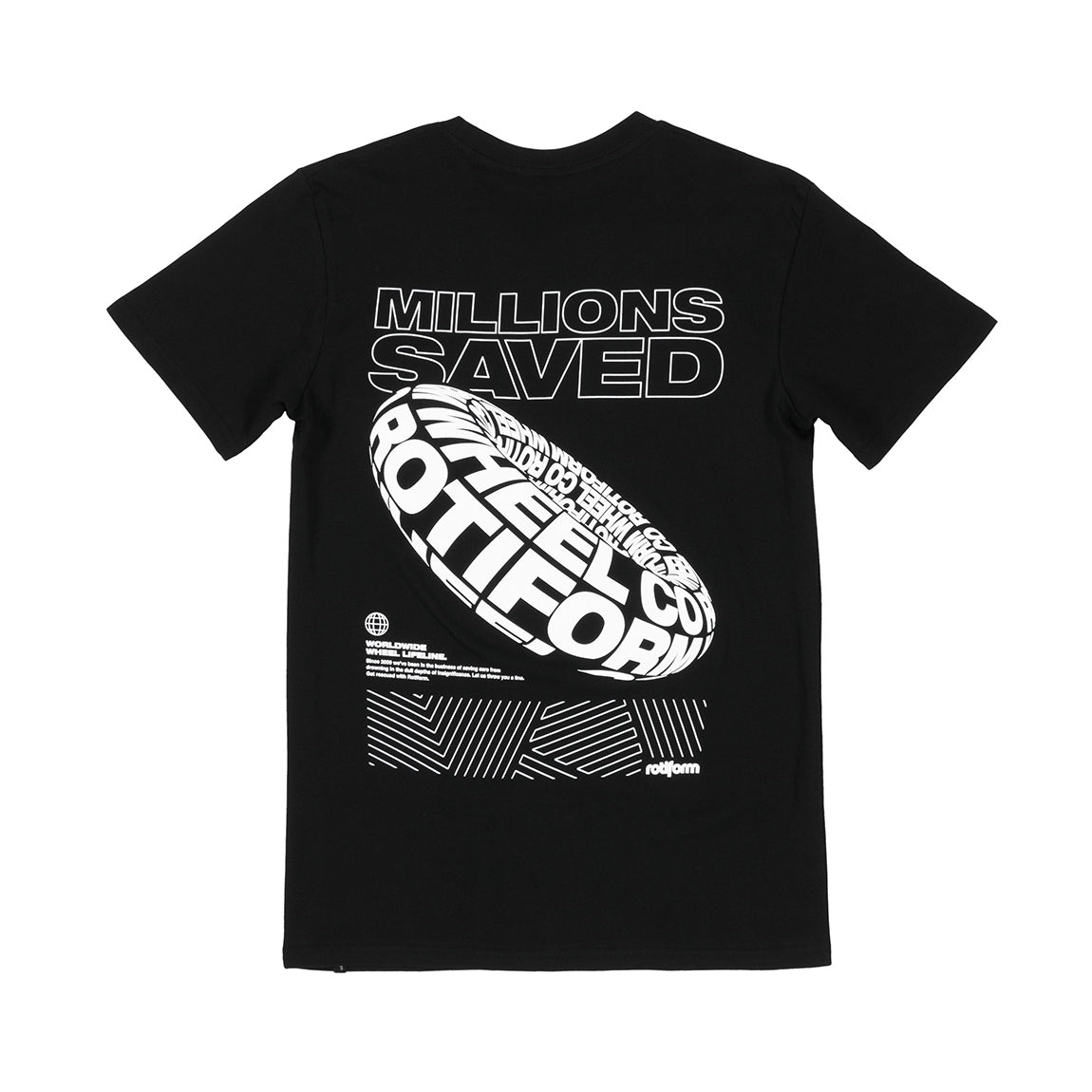 Rotiform MILLIONS SAVED Short Sleeve Tee featuring a bold graphic design on a black fabric backdrop.