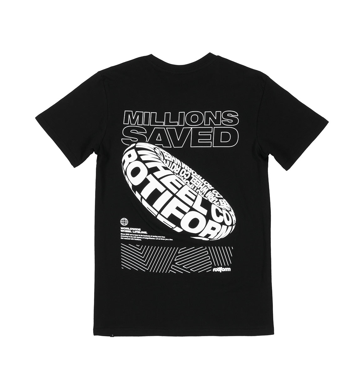 Rotiform MILLIONS SAVED Short Sleeve Tee featuring a bold graphic design on a black fabric backdrop.