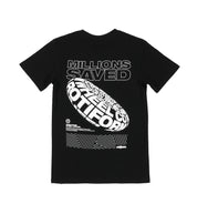 Rotiform MILLIONS SAVED Short Sleeve Tee featuring a bold graphic design on a black fabric backdrop.