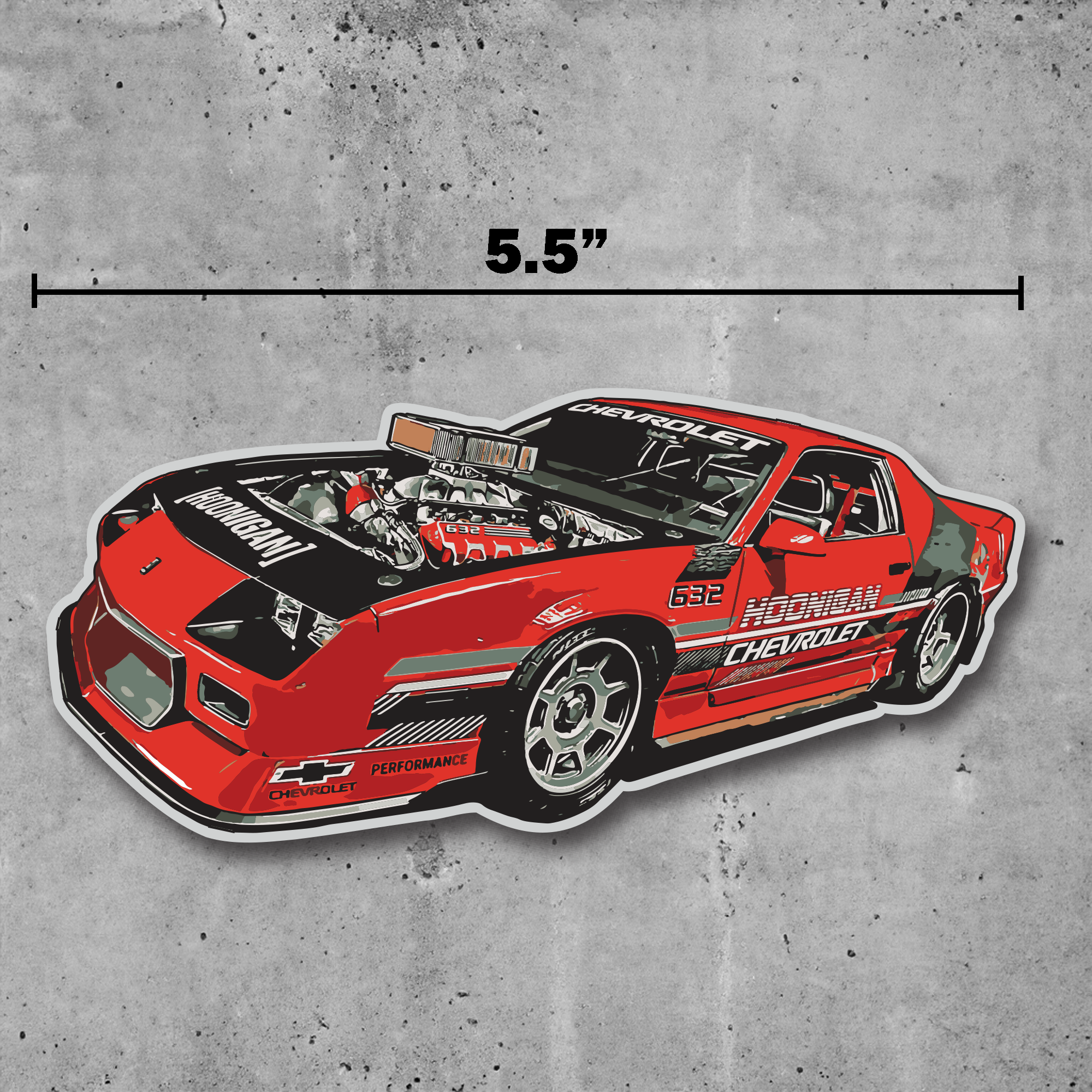 Hoonigan 632 sticker measuring 5.5 inches, featuring bold typography and a dynamic design on a transparent background.