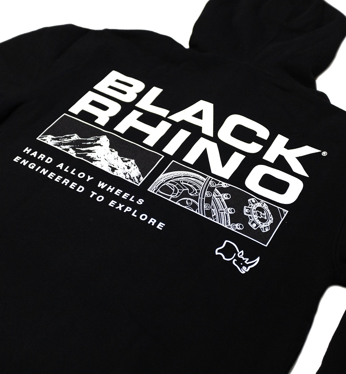 Black Rhino TRACER Hoodie in black with a stylish logo on the chest, featuring a drawstring hood and kangaroo pocket.