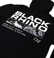 Black Rhino TRACER Hoodie in black with a stylish logo on the chest, featuring a drawstring hood and kangaroo pocket.