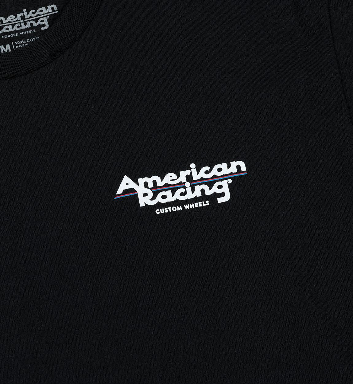 American Racing logo short sleeve tee shirt in black, featuring a bold white logo on the front.