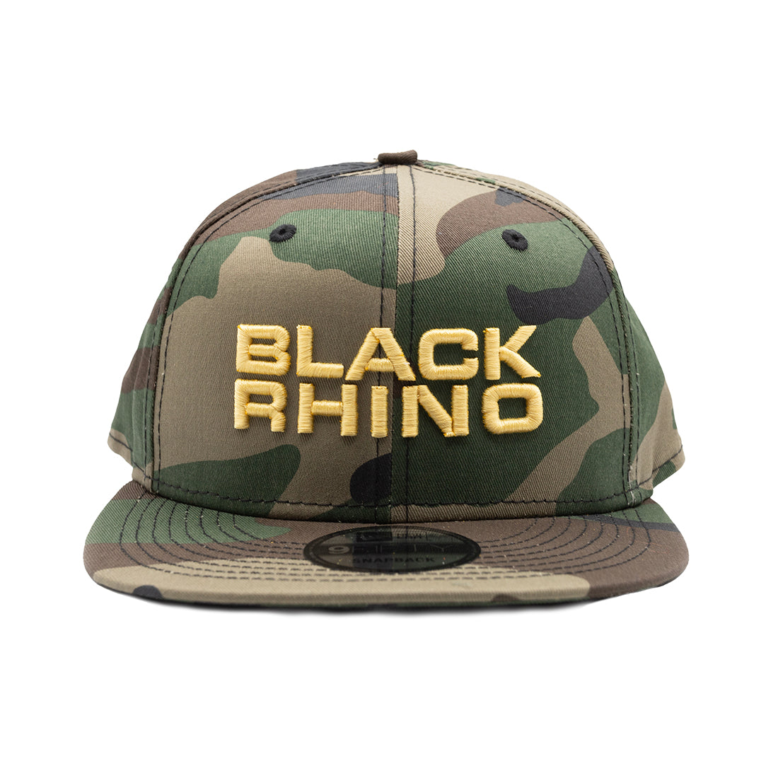 Black Rhino STACKED Snapback Hat featuring a bold embroidered logo on a black background with a flat brim and adjustable strap.
