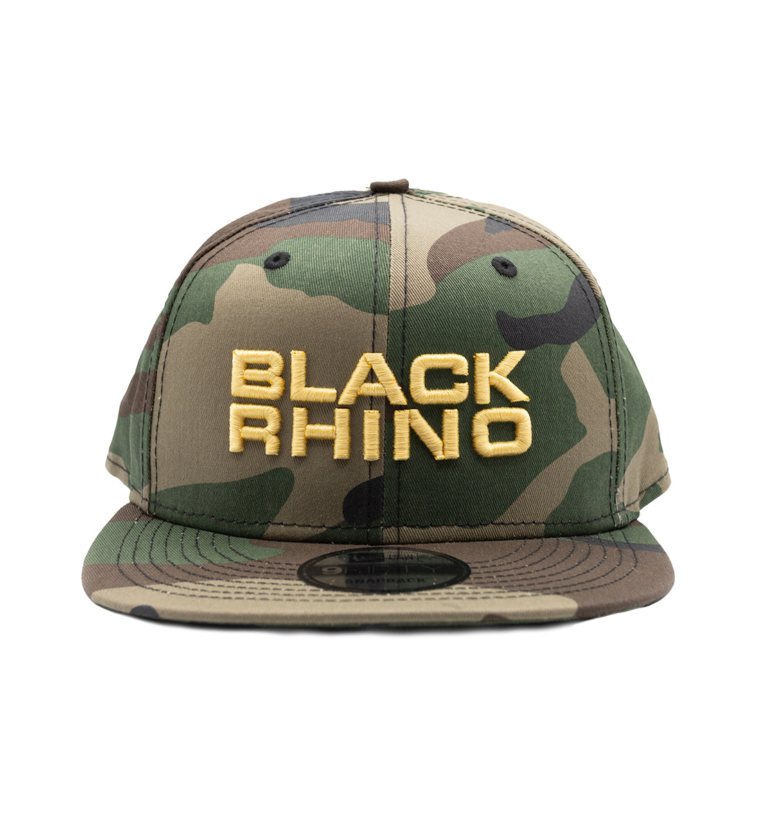Black Rhino STACKED Snapback Hat featuring a bold embroidered logo on a black background with a flat brim and adjustable strap.