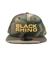 Black Rhino STACKED Snapback Hat featuring a bold embroidered logo on a black background with a flat brim and adjustable strap.
