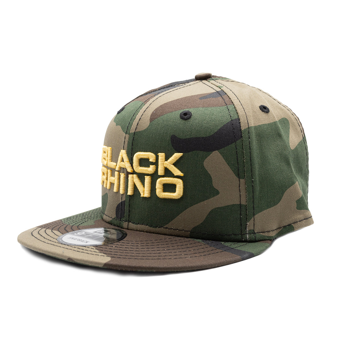 Black Rhino STACKED Snapback Hat featuring a black base and bold white logo on the front.
