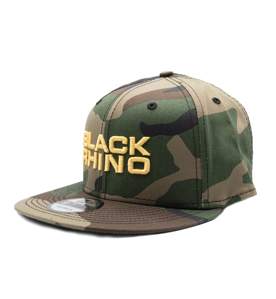 Black Rhino STACKED Snapback Hat featuring a black base and bold white logo on the front.