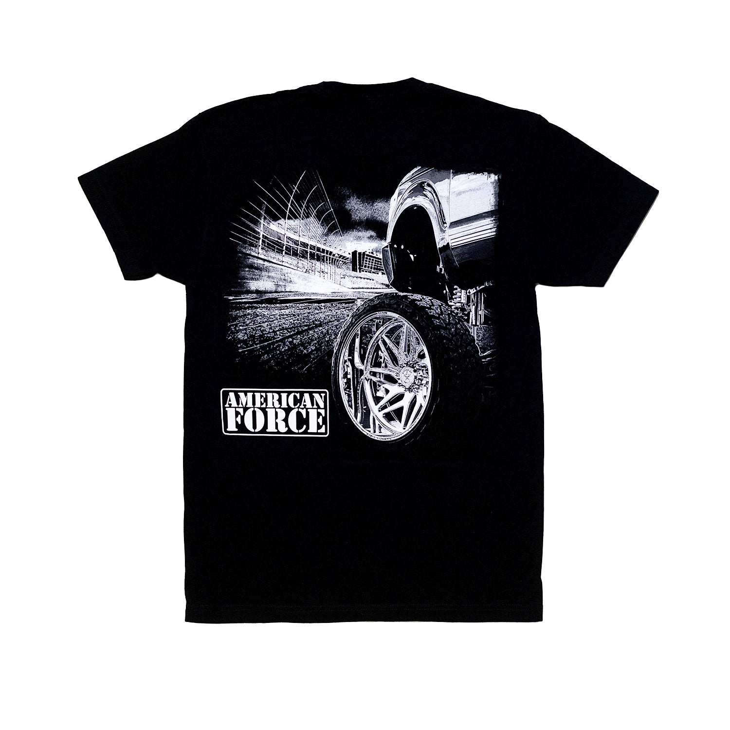 American Force UNIVERSAL Lightweight Short Sleeve Tee in black, featuring a bold logo print on the front and a comfortable fit for casual wear.