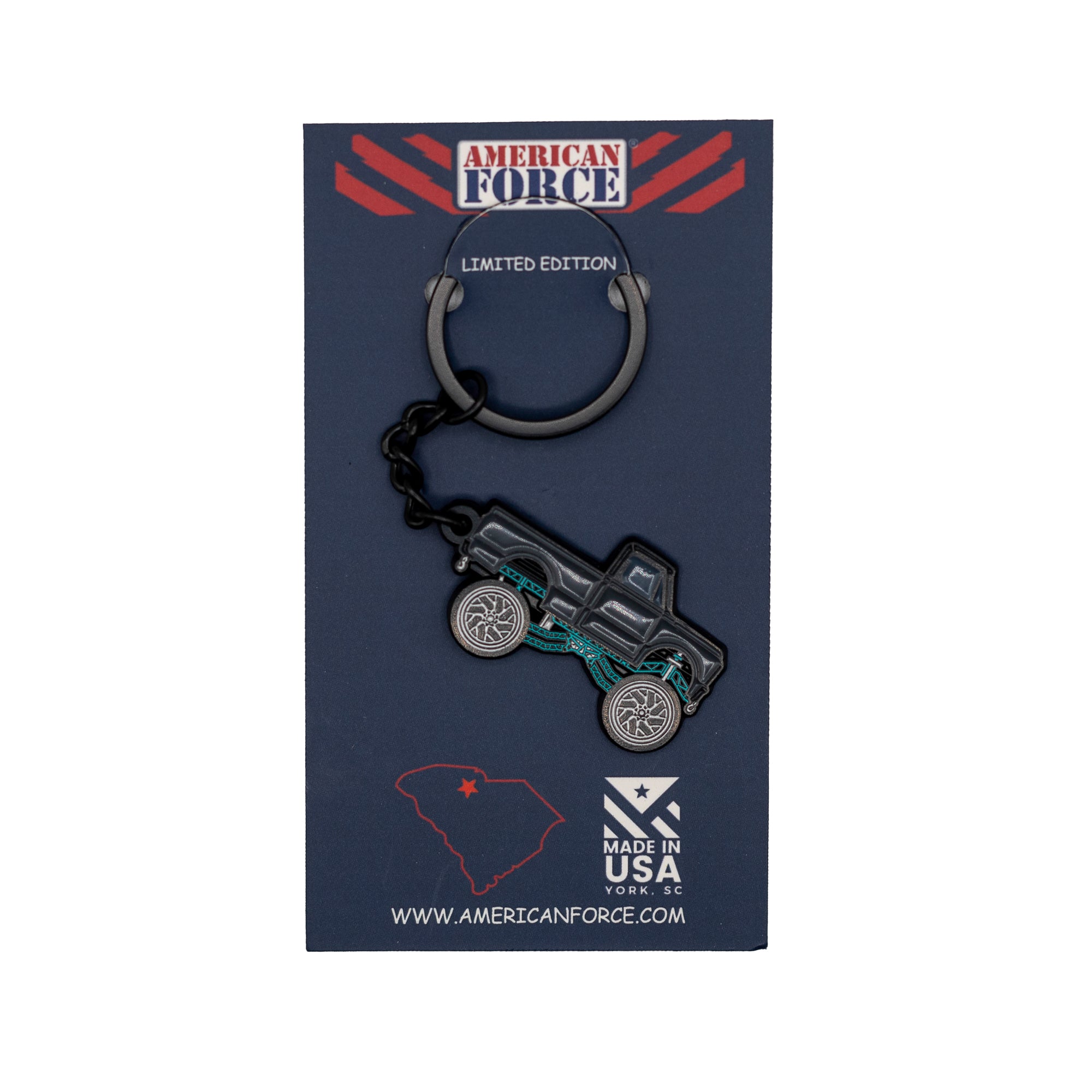 American Force X Leen Customs LIMITED Truck Keychain featuring a sleek design, metallic finish, and detailed logo.