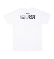 White short sleeve tee featuring "IN THRUST WE TRUST" graphic by American Racing on the back.