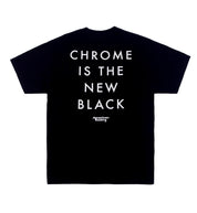 American Racing "Chrome is the New Black" short sleeve tee, featuring a black background and bold graphic text.