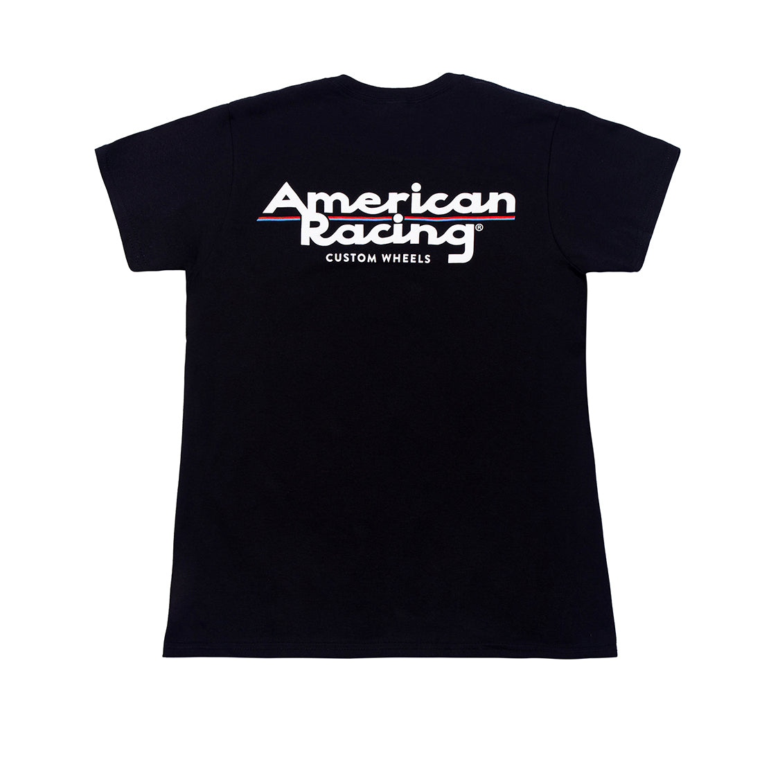 Black women's short sleeve tee featuring the American Racing logo on the back.