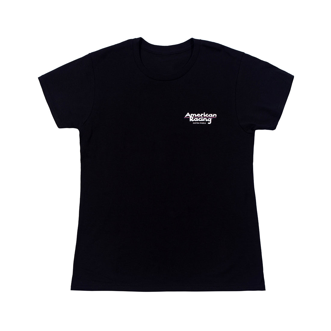 American Racing women's short sleeve black tee featuring the iconic American Racing logo on the front.
