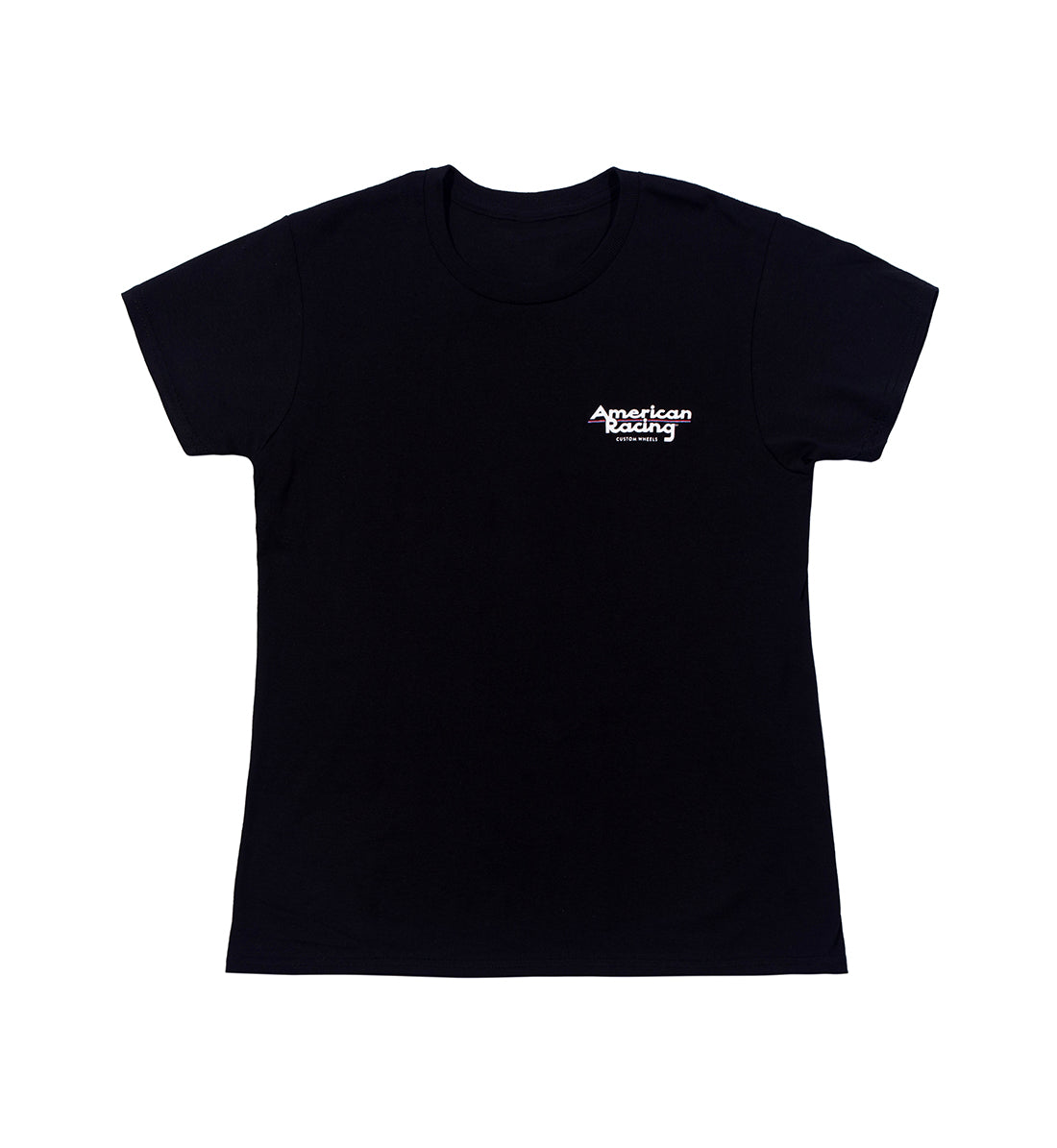 American Racing women's short sleeve black tee featuring the iconic American Racing logo on the front.