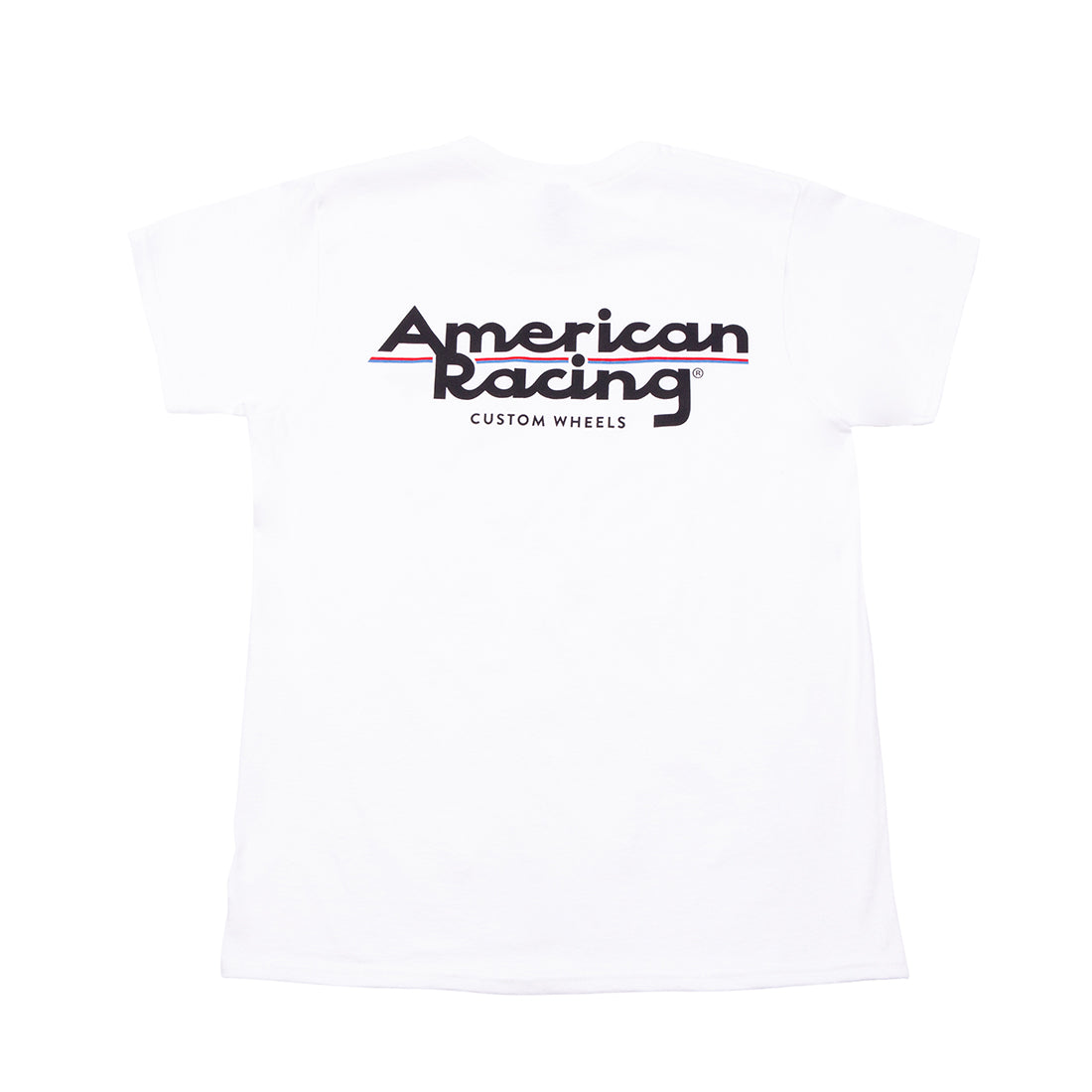 American Racing women's short sleeve tee featuring a white design with the iconic American Racing logo.