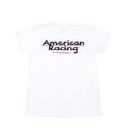 American Racing women's short sleeve tee featuring a white design with the iconic American Racing logo.