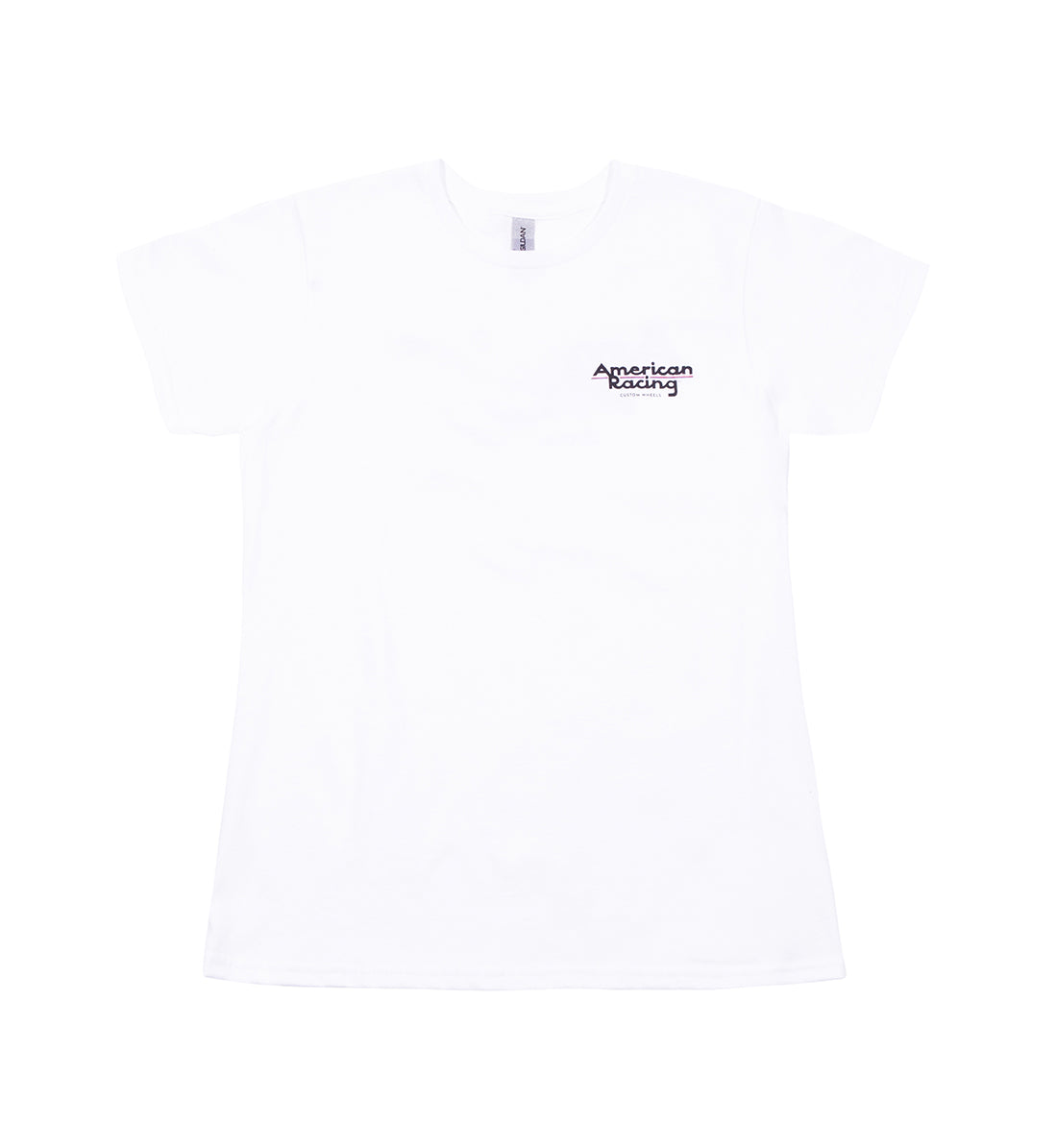 American Racing women's short sleeve tee featuring a bold logo on a white background.