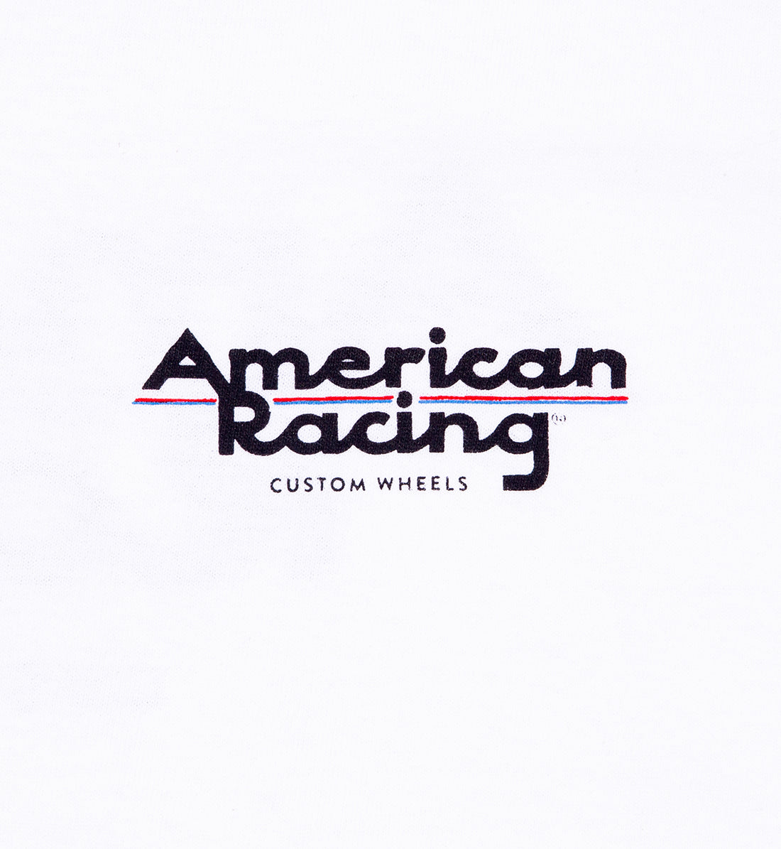 American Racing logo women's short sleeve tee in white, featuring a front detail view of the design.