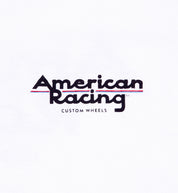 American Racing logo women's short sleeve tee in white, featuring a front detail view of the design.