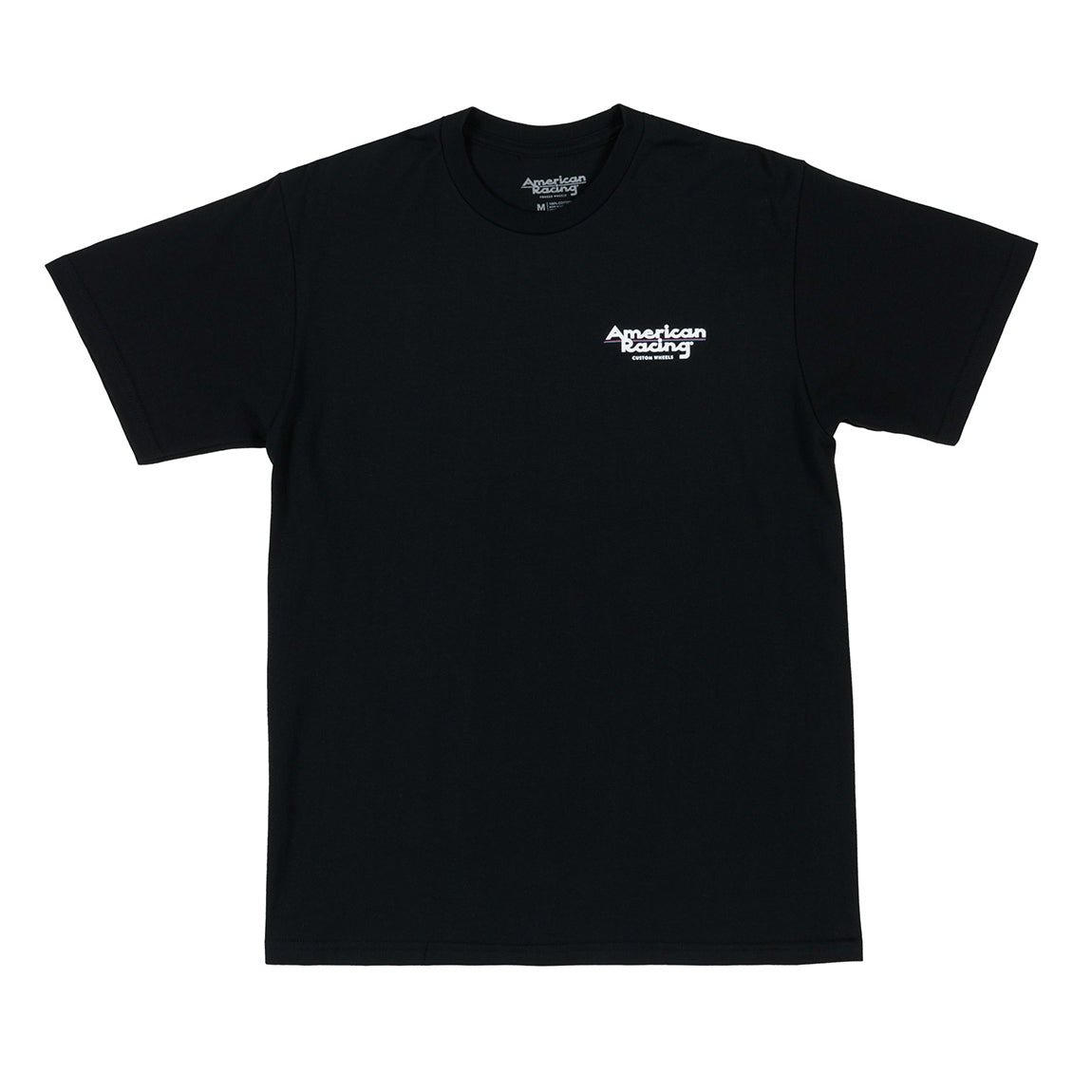 American Racing logo short sleeve tee featuring a bold graphic design on a black fabric.