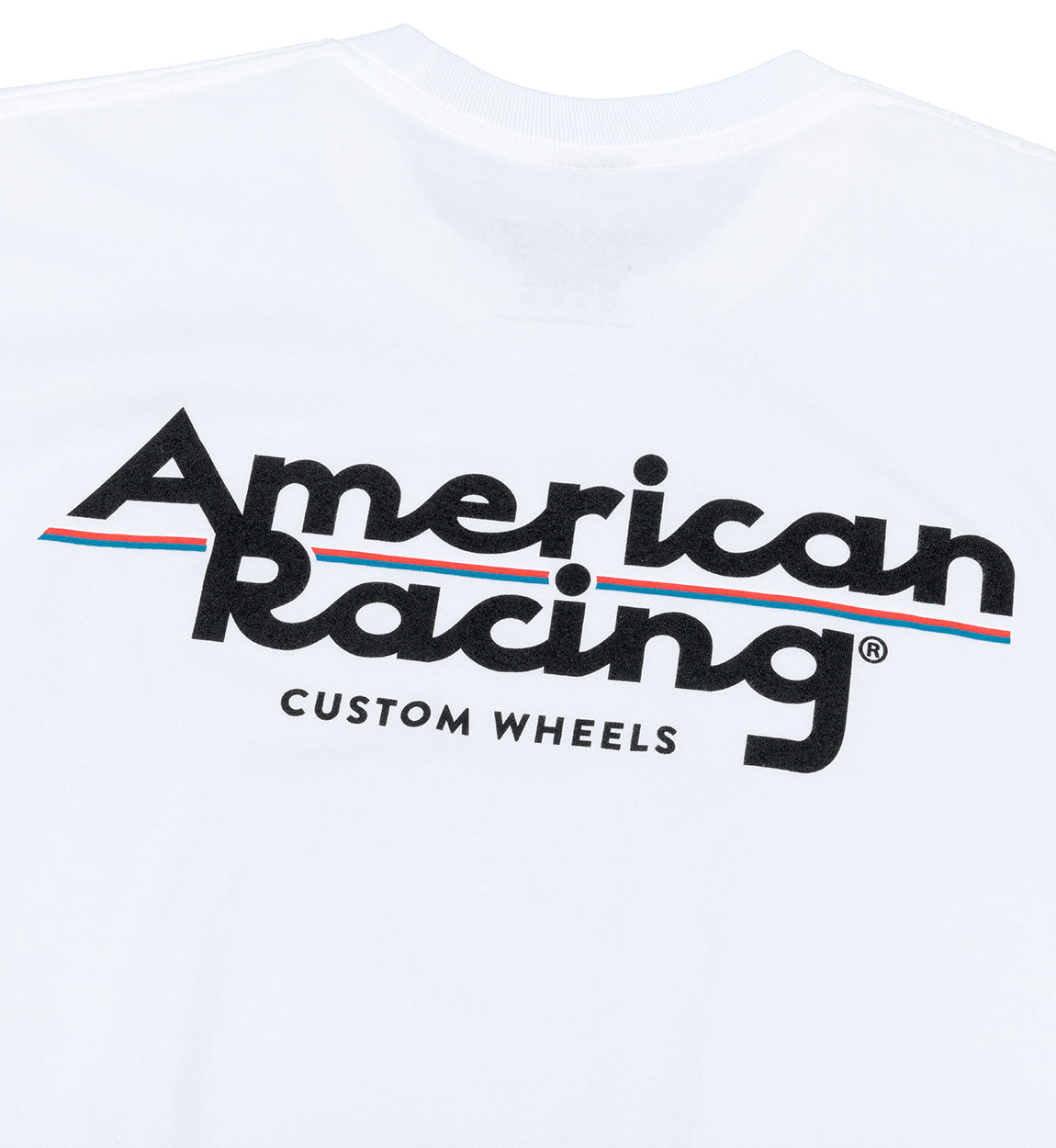 American Racing logo short sleeve white tee shirt featuring a bold graphic design.