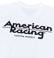 American Racing logo short sleeve white tee shirt featuring a bold graphic design.