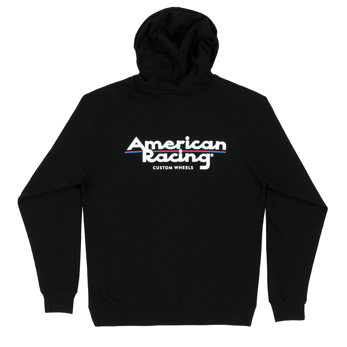 Black American Racing logo hoodie featuring a front graphic design.