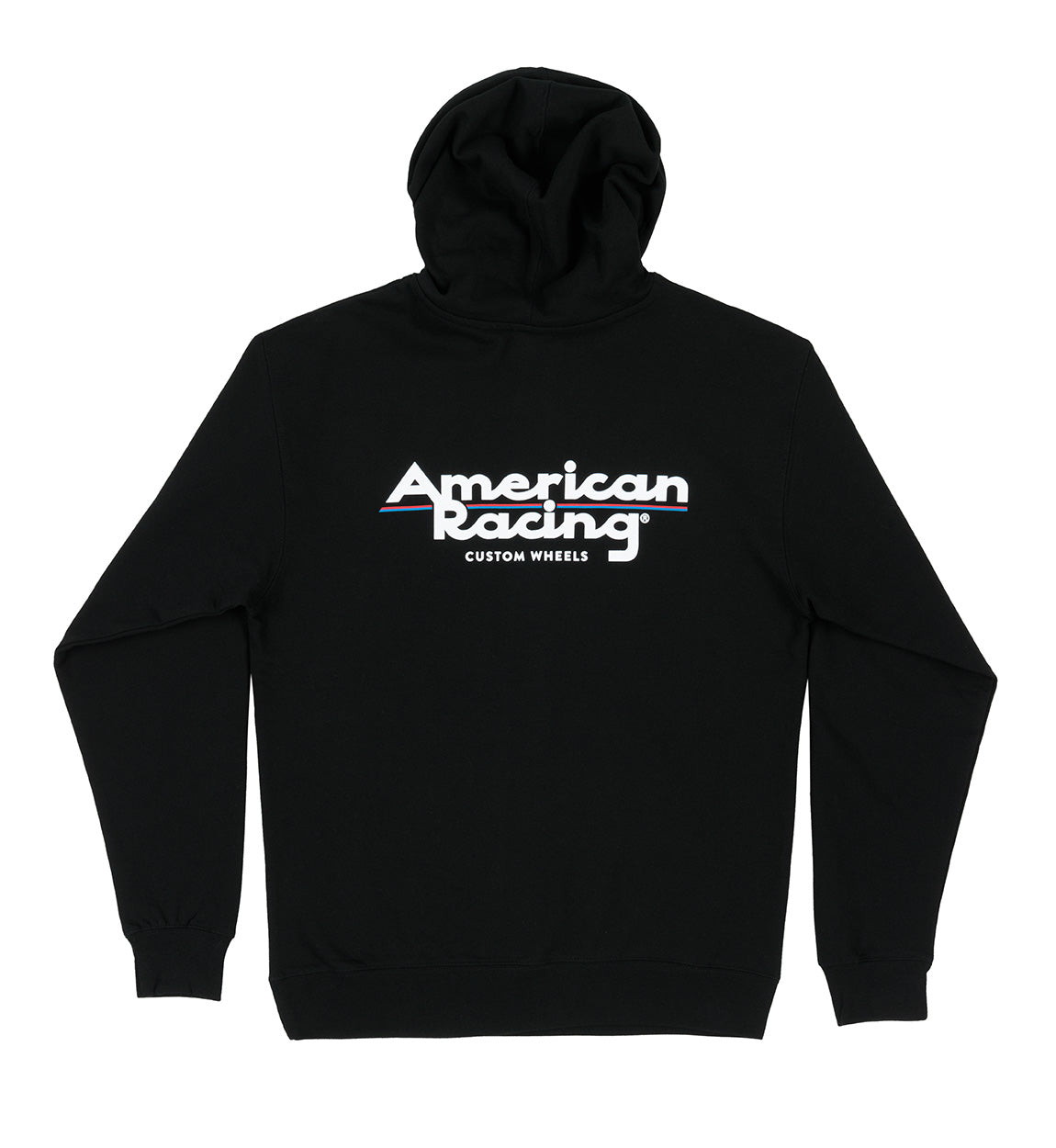 Black American Racing logo hoodie featuring a front graphic design.