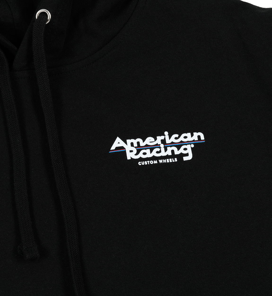 American Racing logo hoodie featuring a bold graphic design in black and red on a gray background.