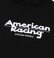 American Racing logo hoodie in black fabric featuring a prominent white logo on the front.