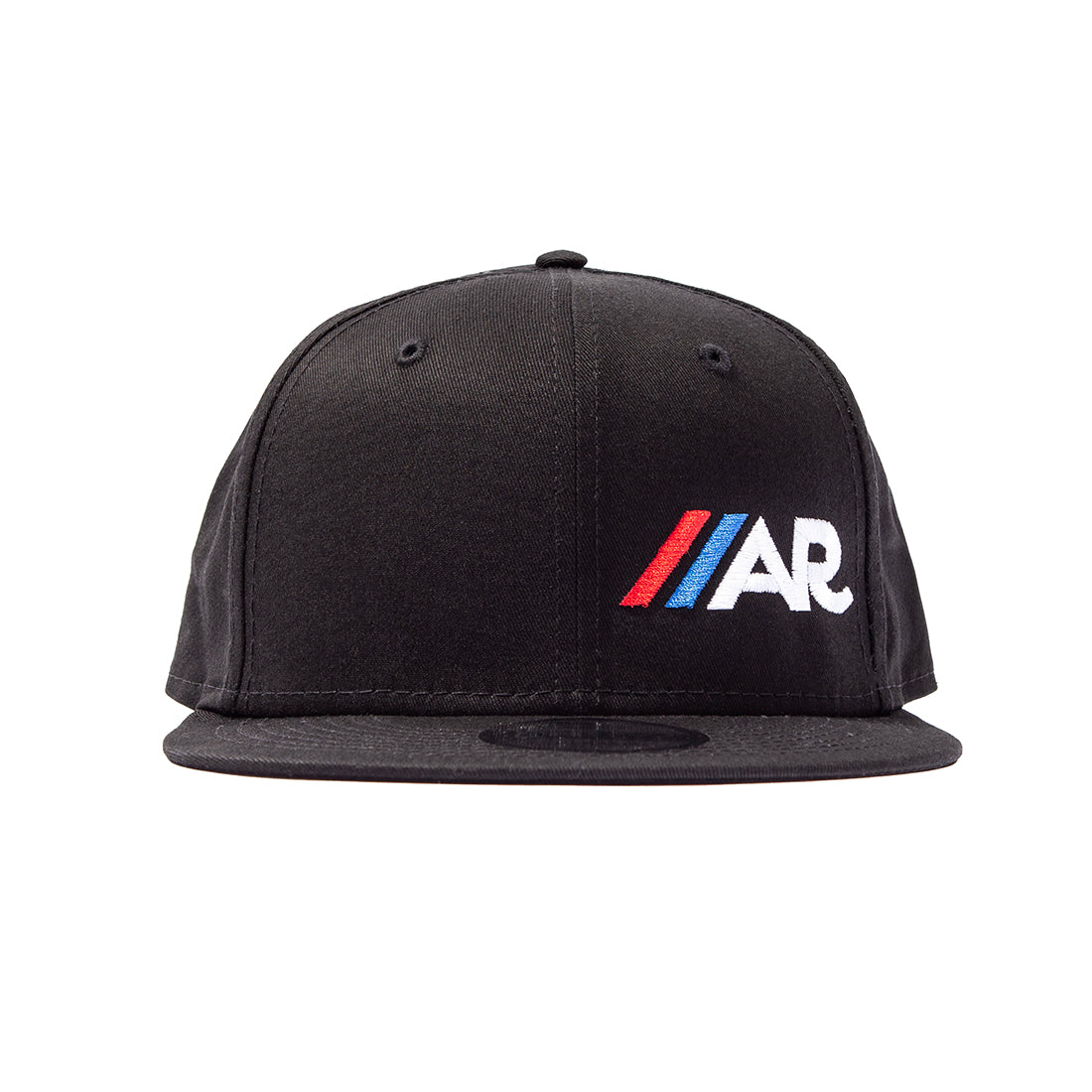 American Racing logo snapback hat in black, featuring a front embroidered logo and an adjustable snap closure.