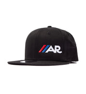 Black American Racing logo snapback hat with a front angled view.