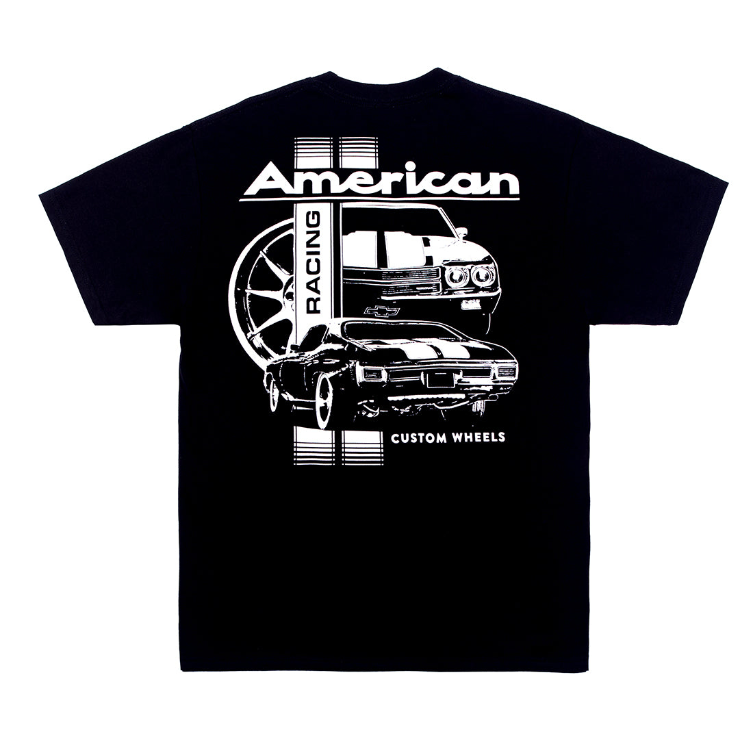 American Racing Chevelle short sleeve black tee featuring vintage car graphics.