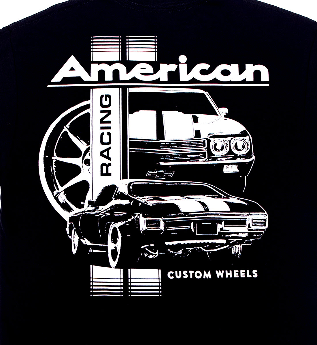 Black American Racing CHEVELLE Short Sleeve Tee featuring a detailed back graphic, perfect for car enthusiasts.