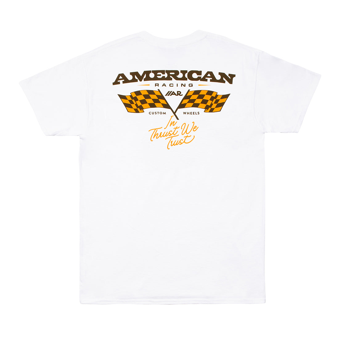 American Racing Checkers Short Sleeve Tee shirt in white, featuring a bold checkered flag design on the back.