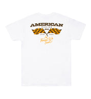 American Racing Checkers Short Sleeve Tee shirt in white, featuring a bold checkered flag design on the back.