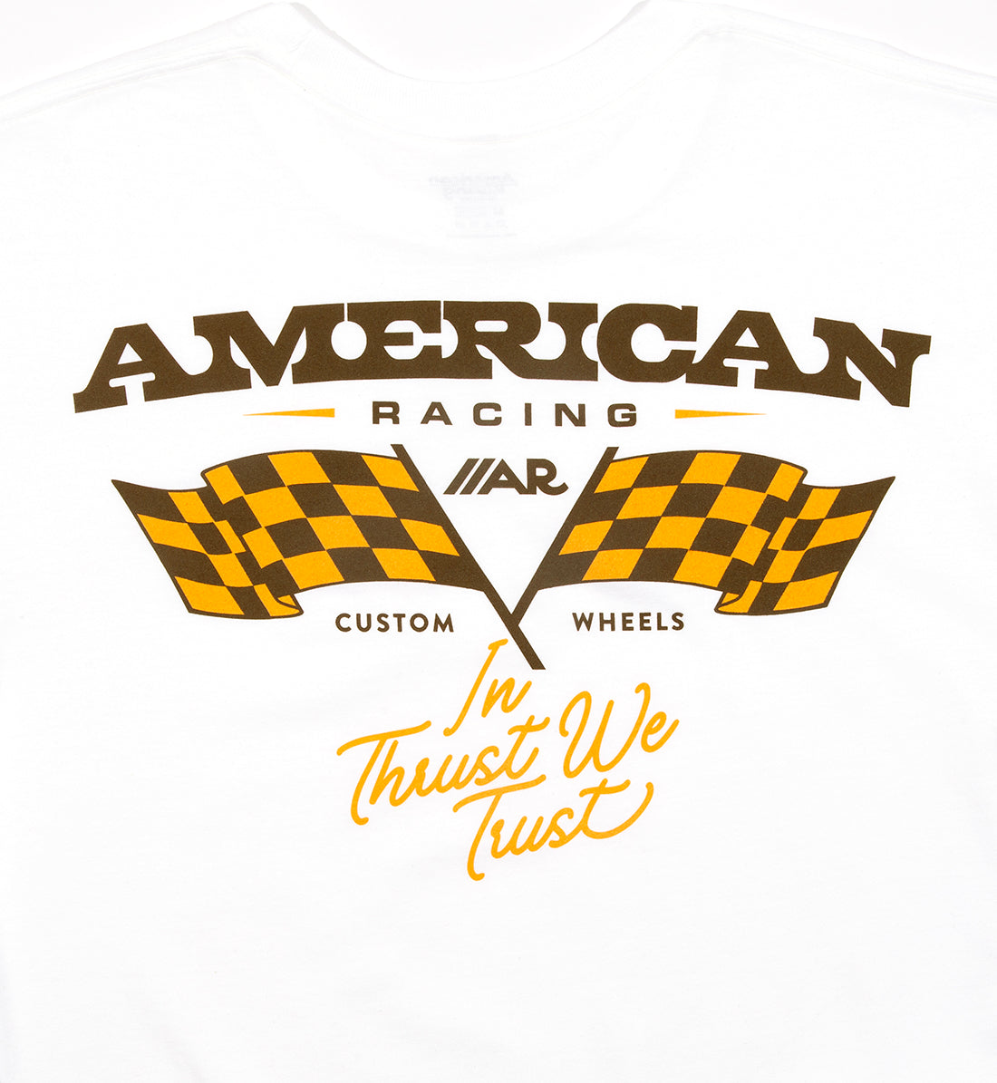 White American Racing CHECKERS short sleeve T-shirt featuring a checkered design on the back.