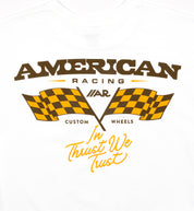 White American Racing CHECKERS short sleeve T-shirt featuring a checkered design on the back.