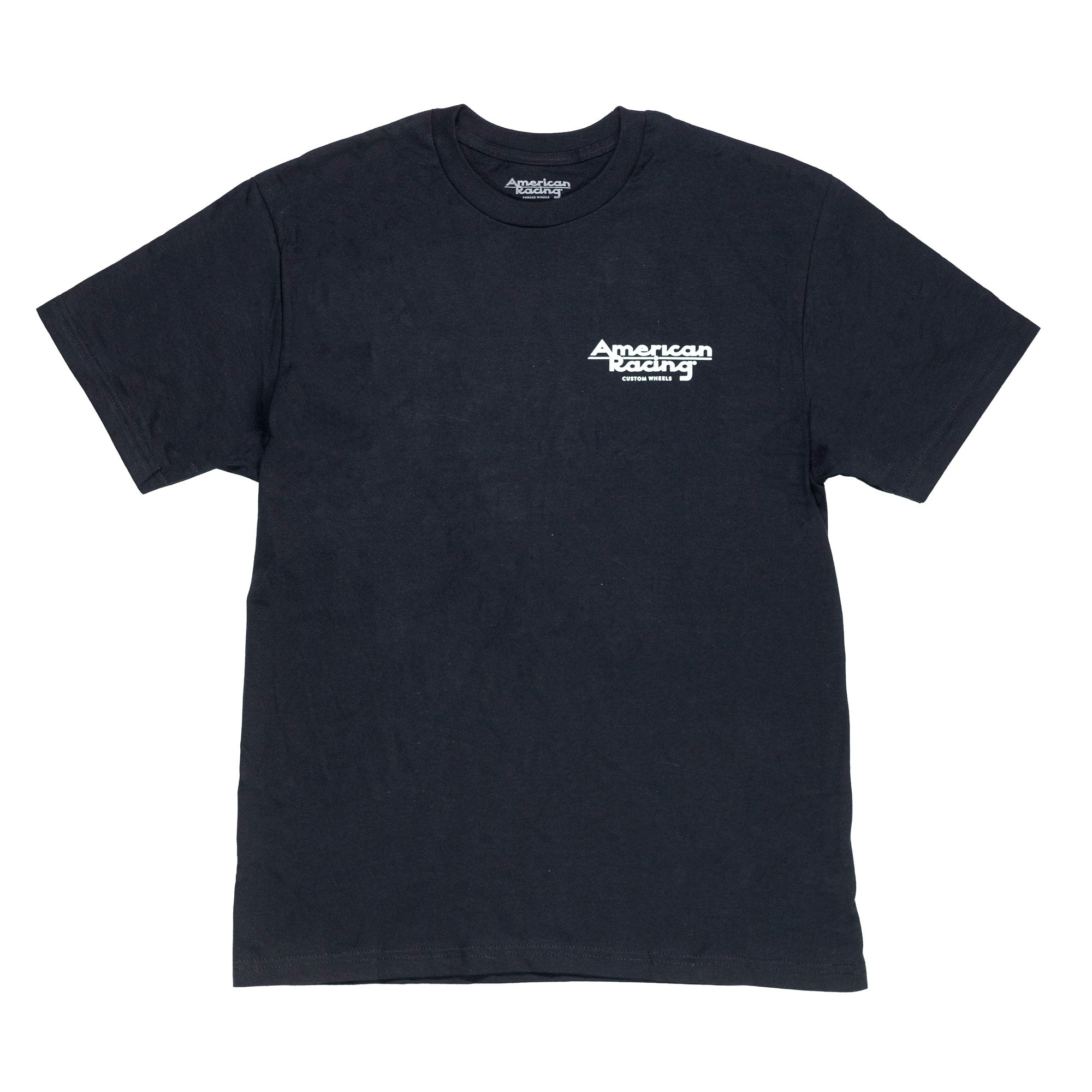 Black short sleeve tee featuring the American Racing logo on the left chest, perfect for motorsport enthusiasts.