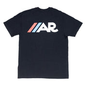 Short sleeve black tee featuring the American Racing logo in red and blue on the back, perfect for motorsport enthusiasts.