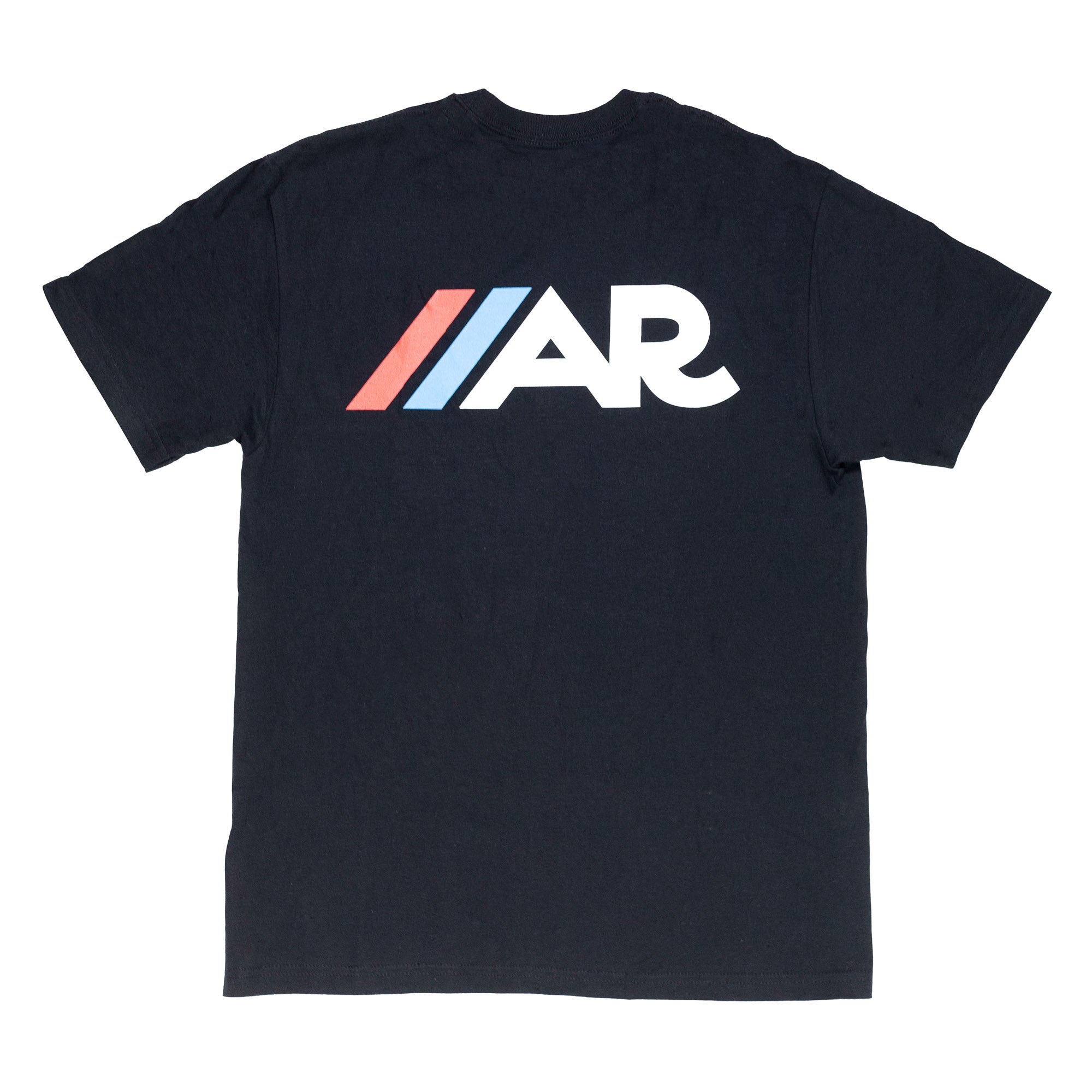 Short sleeve black tee featuring the American Racing logo in red and blue on the back, perfect for motorsport enthusiasts.