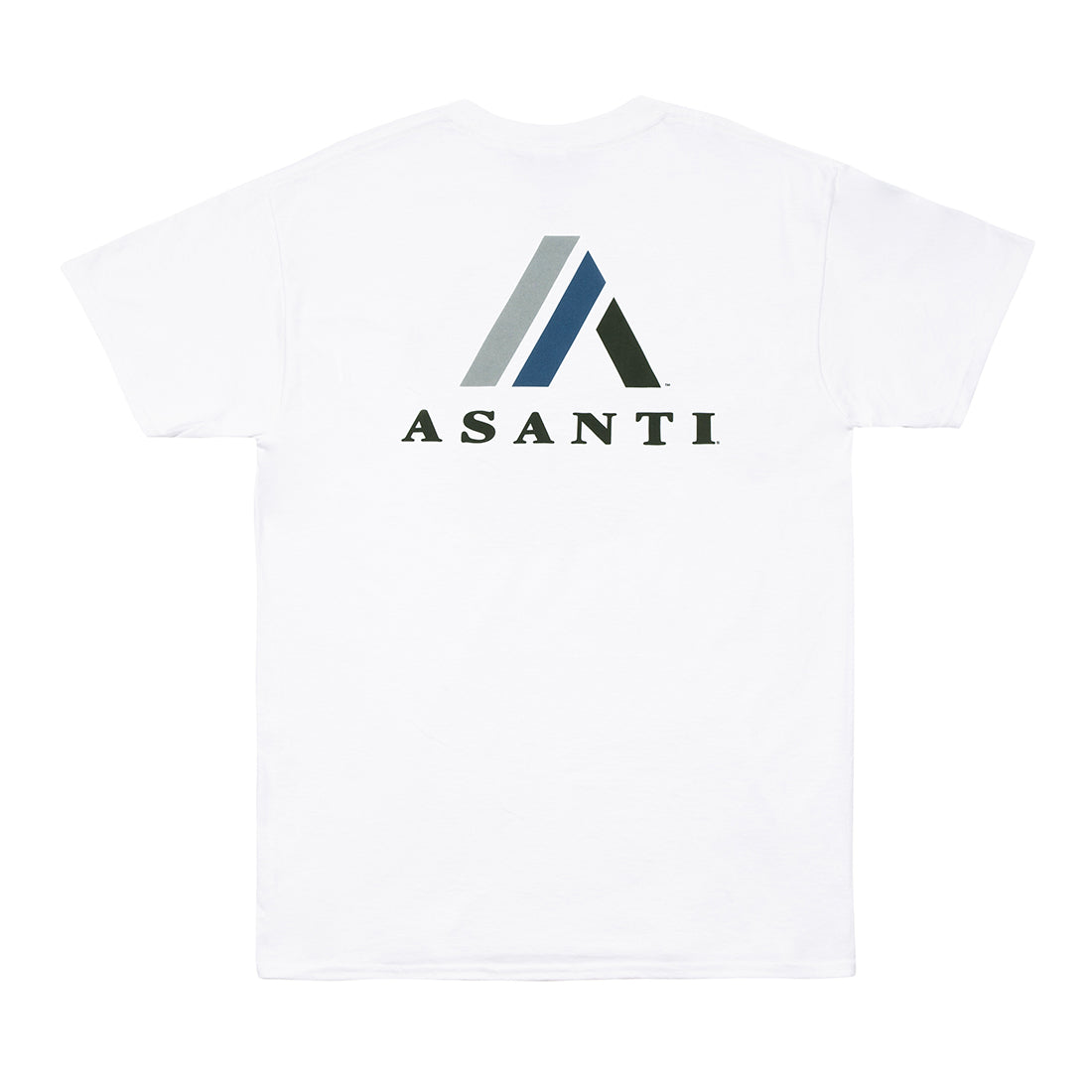 Asanti logo short sleeve tee in white, featuring a bold graphic logo on the back.