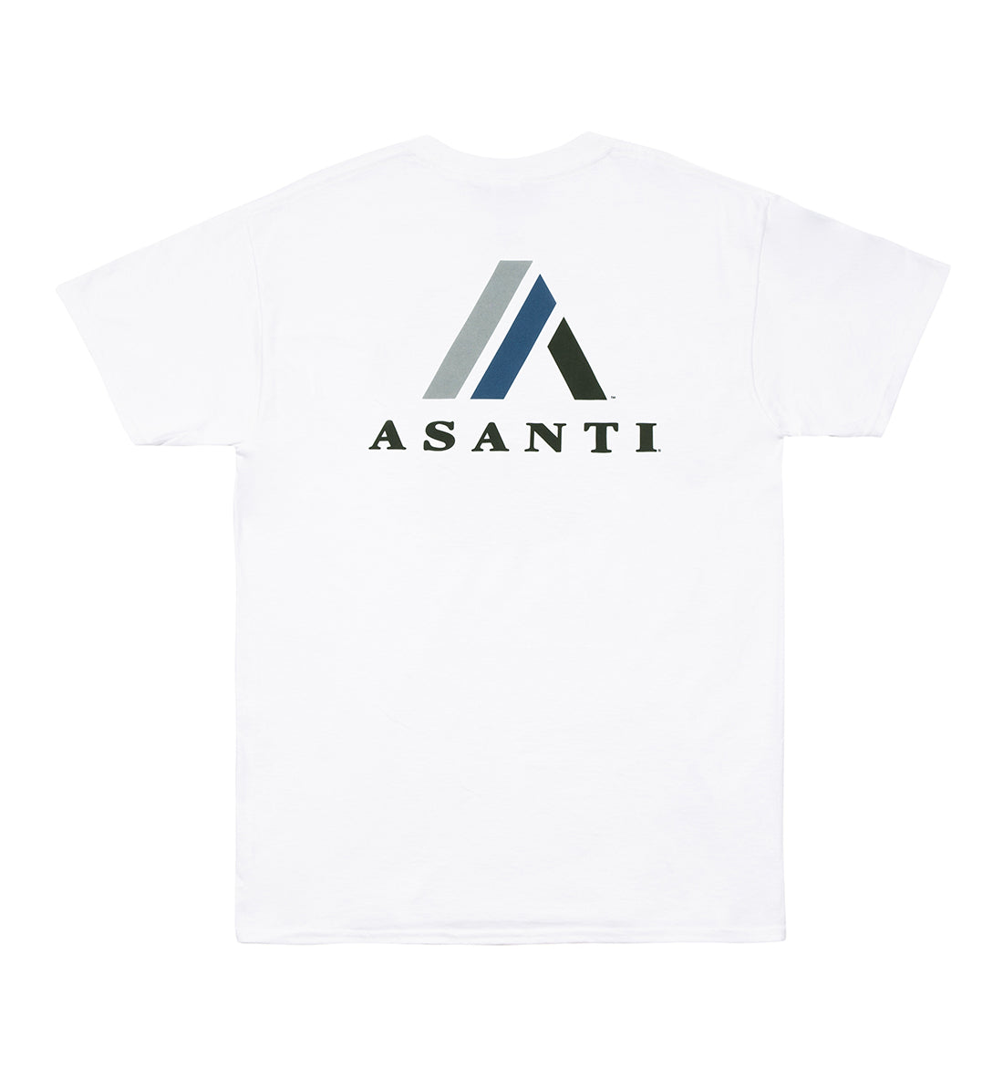 Asanti logo short sleeve tee in white, featuring a bold graphic logo on the back.