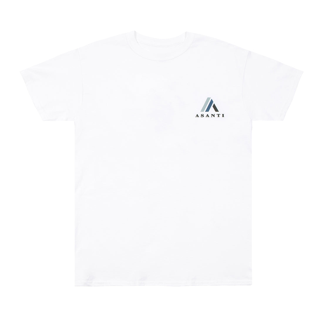 White short sleeve tee featuring the Asanti logo prominently on the front.